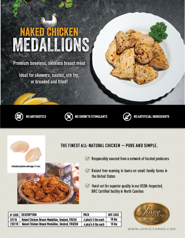 Joyce Farms Naked Chicken Medallion Product Sheet Preview
