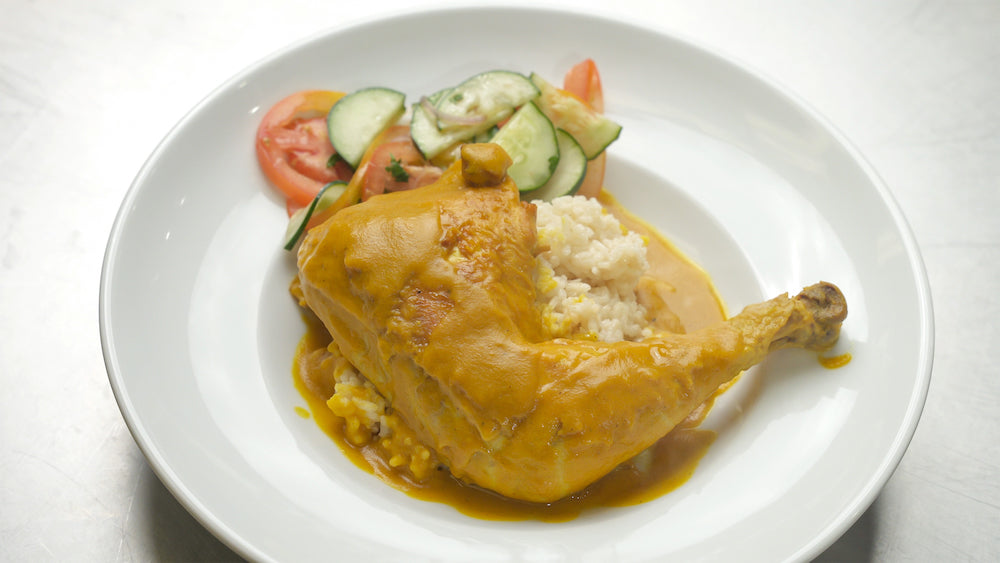 Pan-Seared Joyce Farms Poulet Rouge® Chicken with Curried Sweetpotatoes and Carolina Gold Rice with a side Bengali Tomato Salad