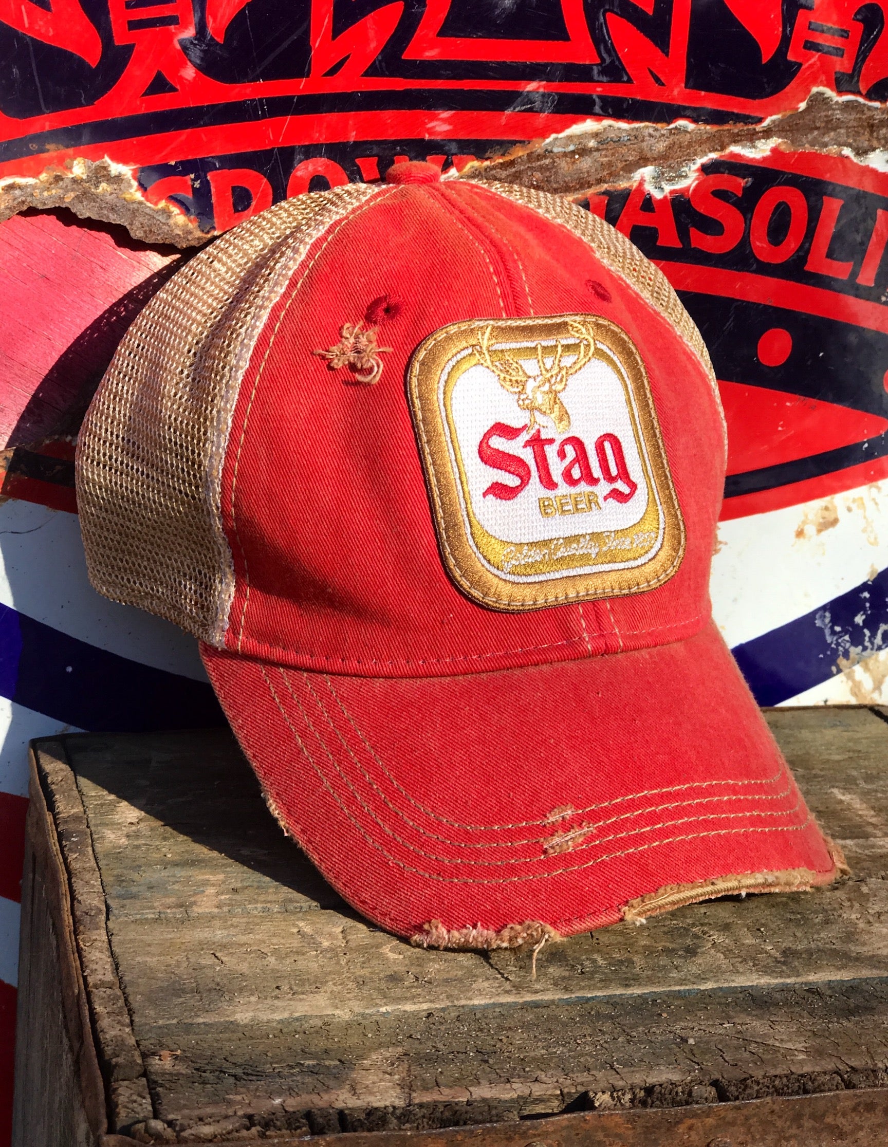 Chief Oshkosh Beer Hat- Distressed Red