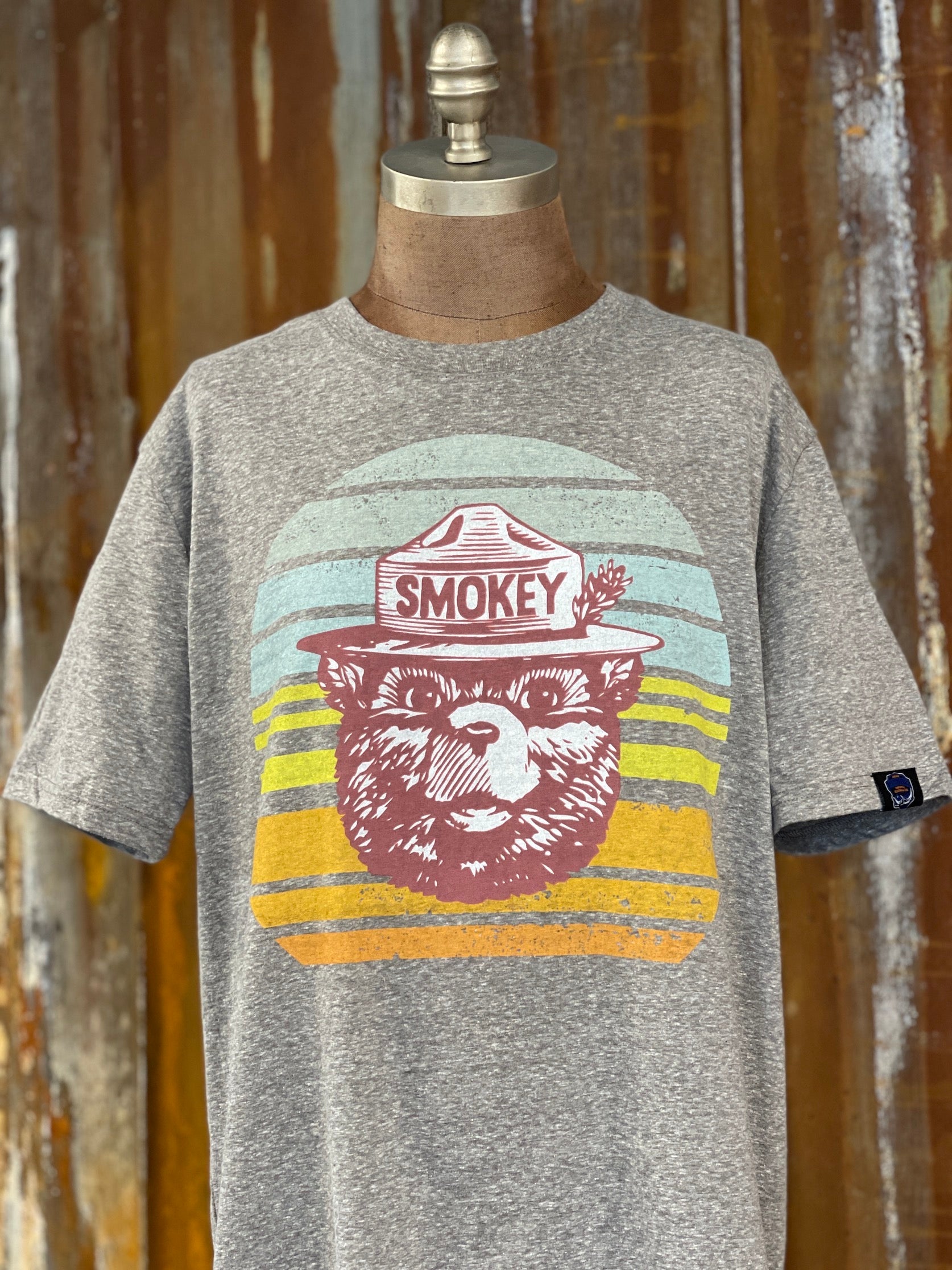 Image of Smokey Bear Retro Rainbow Tee- Heather Grey