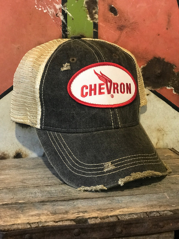 Chevron Gas/Oil Winged Logo Hat- Distressed Black Snapback