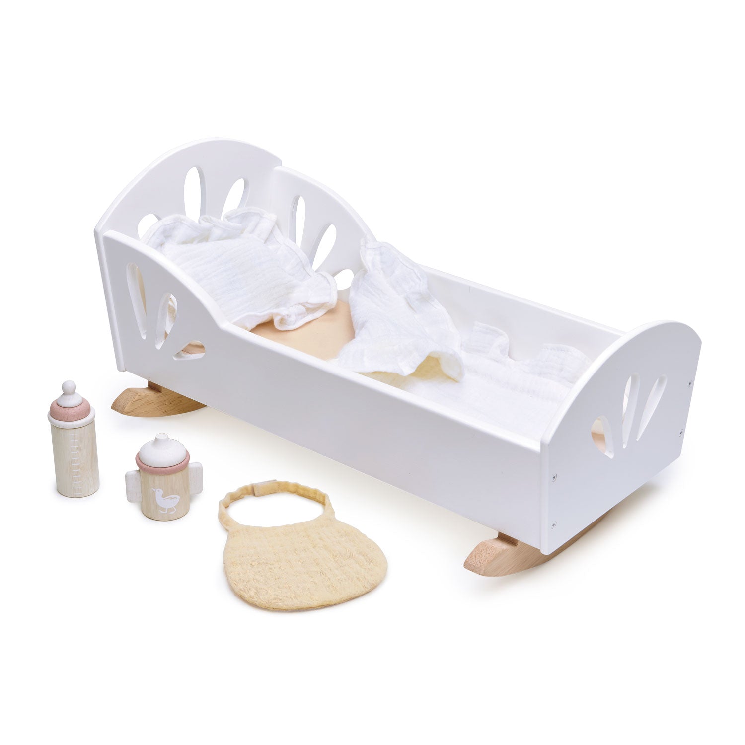 <p>Rock your baby doll to sleep in this sweet little cot-style dolly bed. Painted in white with cutout features and natural wood rockers, this little bed is suitable for baby dolls or teddy bears. Comes complete with a blush coloured mattress, muslin coverlet and pillow, finished with a luxurious frill. To extend playtime we have included a wooden baby bottle, baby cup and muslin bib.</p>
<p>Age range: 18 months +  </p>
<p> Product size: 14.84 x 8.46 x 7.87”  </p>
<p> Weight: 2.49 lbs</p>
<p><strong>Self assembly required.</strong></p>
<p><strong>Related Product</strong><a href="https://kids.allwomenstalk.com/products/sweet-swan-pram">Sweet Swan Pram</a></p>
<p><a href="https://www.dropbox.com/s/0t1yj5o4fpuwsy3/TL8106%20Sweet%20Swan%20Dolly%20Bed%20Printable.pdf?dl=0"><strong>Download Sweet Swan Dolly Bed Printable</strong></a></p>
