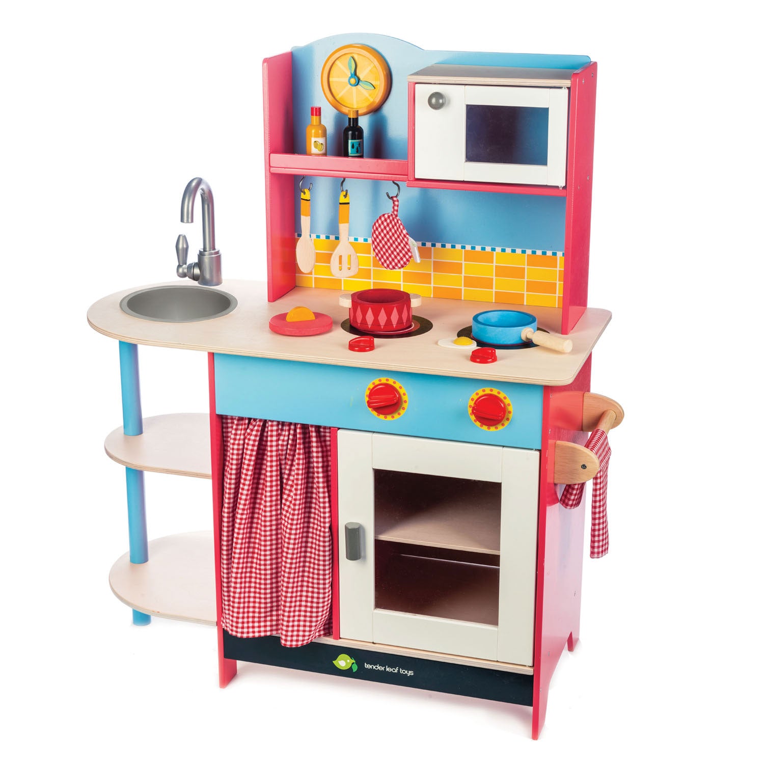 <p>A large kitchen oven and hob with waterproof sink and tap, red gingham, tea towel and pot holder, casserole pan, saucepan, fried egg, 2 sauce bottles, 2 decorated wooden utensils, clock with moving hands.</p>
<p><strong>Self Assembly is required.</strong></p>
<p>Age range: 3 Years And Older  </p>
<p>Product size: 30.51&quot; x 13.70&quot; x 36.61&quot;  </p>
<p>Weight: 27.94 lbs</p>
