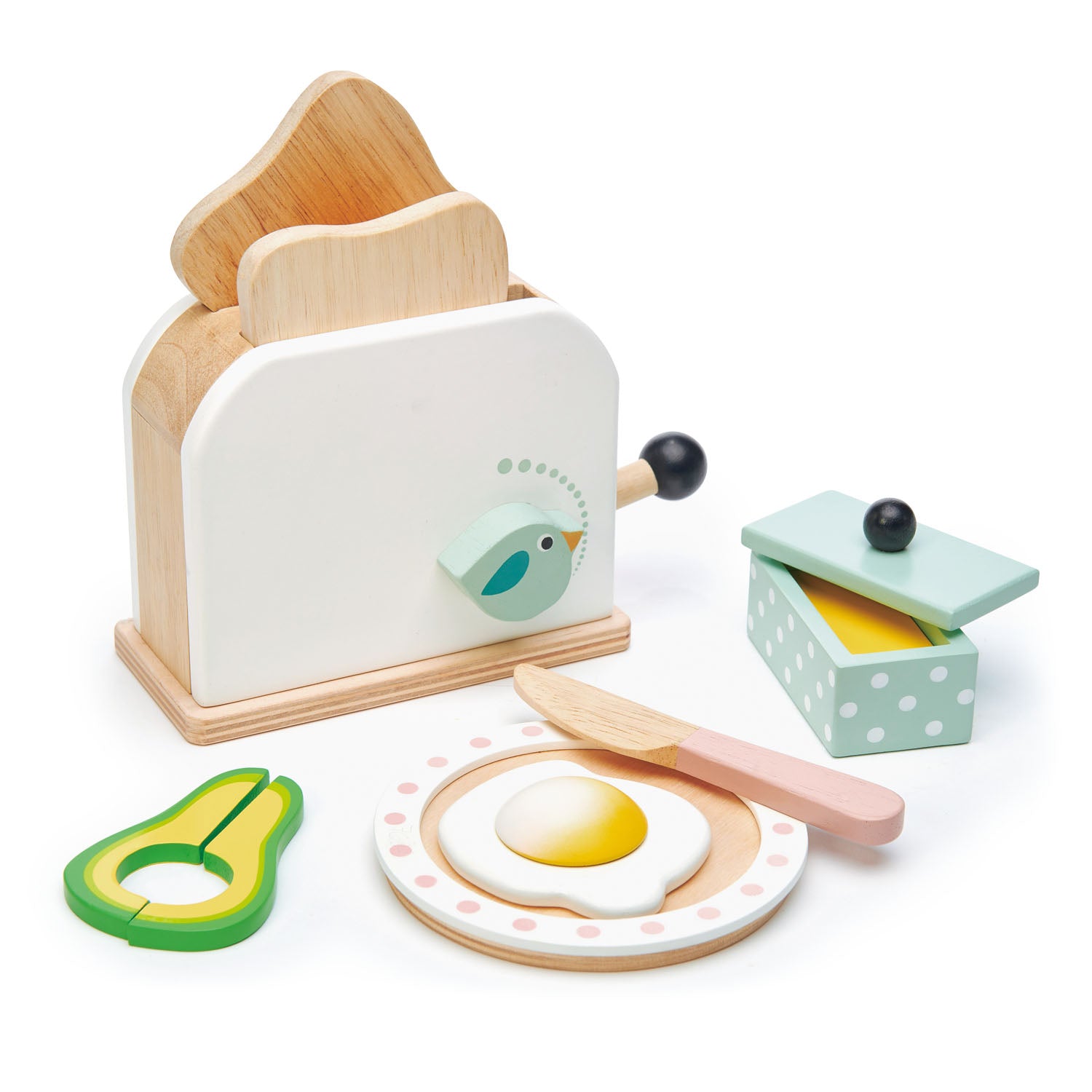 <p>Toast your 2 slices of bread, turn the birdie dial to hot, pop them up when they are ready, butter the toast with the wooden knife, and top with a poached egg and 2 slices of avocado.</p>
<p>Plate and butter dish are included.</p>
<p>Age range: 3 Years And Older  </p>
<p>Product size: 6.3 x 7.28 x 5.71”  </p>
<p> Weight: 1.76 lbs</p>
<p><a href="https://www.dropbox.com/s/lm05r9nxlkaiqqn/TL8226%20Tasty%20Toast%20Toppings%20Printable.pdf?dl=0" title="Tasty Toast Toppings Printable"><img src="https://cdn.shopify.com/s/files/1/1083/1780/files/TL8226-Tasty-Toast-Toppings-Printable-dl_480x480.jpg?v=1597916224" alt="Tasty Toast Toppings Printable"></a></p>
