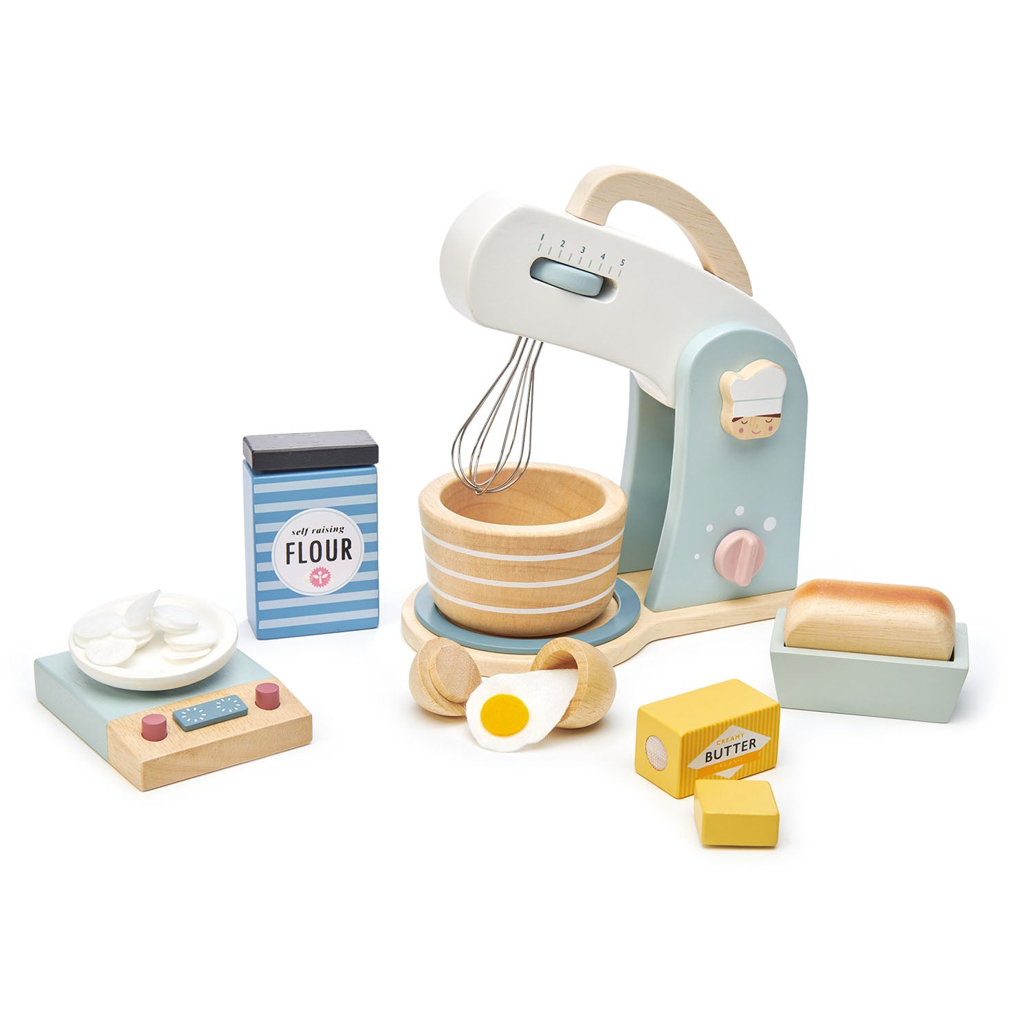 <p>A stylish mixer with metal swivel whisk, wooden bowl, and clacking on and off button. Ingredients to weigh out on a modern kitchen scale include a wooden egg which opens to reveal a felt egg, a pack of butter, and a box of flour containing 15 white felt discs.</p>
<p>Mix this all up together and bake your cake in a wooden cake tin.</p>
<p>Age range: 3 Years And Older  </p>
<p>Product size: 11.02 x 8.46 x 10.83”  </p>
<p> Weight: 2.35 lbs</p>
<p><a href="https://www.dropbox.com/s/tl0osbjl7u9zuqm/TL8227%20Home%20Baking%20Muffins%20Printable.pdf?dl=0" title="Home Baking Muffins Printable"><img src="https://cdn.shopify.com/s/files/1/1083/1780/files/TL8227-Home-Baking-Muffins-Printable-dl_480x480.jpg?v=1597916277" alt="Home Baking Muffins Printable"></a></p>
