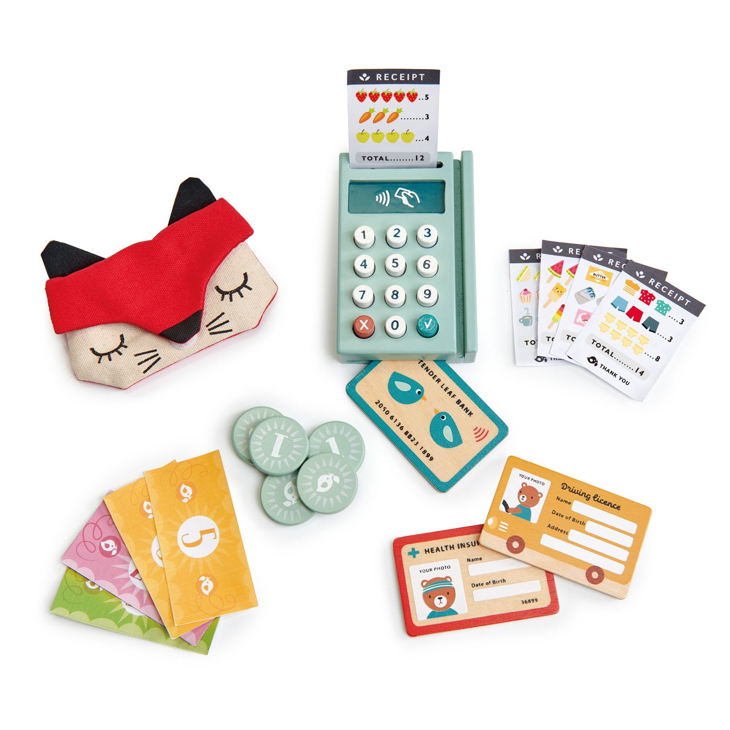 <p>A card reader with squishy number buttons, a slot in which to use the Tender Leaf credit card, and a top slot to place one of 5 differently illustrated receipts.</p>
<p>A canvas purse holds a health card and ID card illustrated both sides with space to write a name or stick a photo. 6 sheets of pretend play paper money, and 5 coins.</p>
<p>Age range: 3 Years And Older  </p>
<p>Product size: 9.45 x 9.84 x 1.38”  </p>
<p> Weight: 0.35 lbs</p>
<p><a href="https://www.dropbox.com/s/wqyl14bs27v2te5/TL8257%20Origami%20Card%20holder%20Printable.pdf?dl=0" title="Origami Card holder Printable"><img src="https://cdn.shopify.com/s/files/1/1083/1780/files/TL8257-Origami-Card-holder-Printable-dl_480x480.jpg?v=1597916970" alt="Origami Card holder Printable"></a></p>
