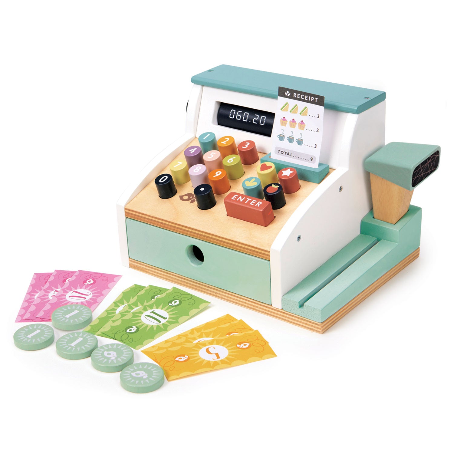 <p>Ring up all your groceries with this fun and colorful wooden till with scanner. Slide your credit card along the groove, pop one of 5 printed receipts into a slot, turn the little knob to show different prices through a window, press down on the multi-colored squidgy buttons and open the tray to dispense 5 wooden coins and 9 sheets of colored paper money.</p>
<p>Age range: 3 Years and Older  </p>
<p> Product size: 8.66 x 5.91 x 5.43”  </p>
<p> Weight: 2.40 lbs</p>
