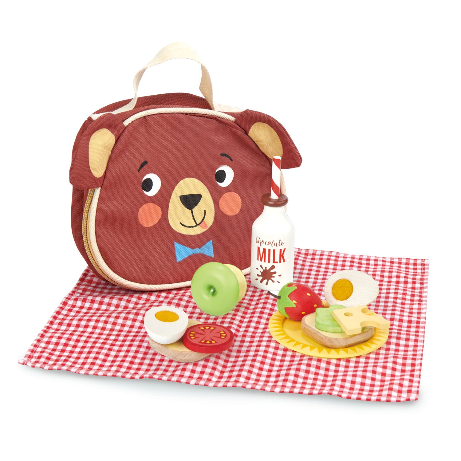 <p>A sweet little Bear picnic bag containing fun snack food to take your friends on a picnic!</p>
<p>Contents include, A cotton bag printed with our own friendly bear, a red gingham tablecloth, a chocolate milk drink, a sunshine plate, 2 slices of bread to make a sandwich with a tomato, cheese slice, and lettuce. A boiled egg, a strawberry, and an apple....er, who&#39;s eaten the apple?</p>
<p>Age range: 3 Years And Older  </p>
<p> Product size: 7.28 x 3.35 x 6.1”  </p>
<p> Weight: 0.68 lbs</p>
