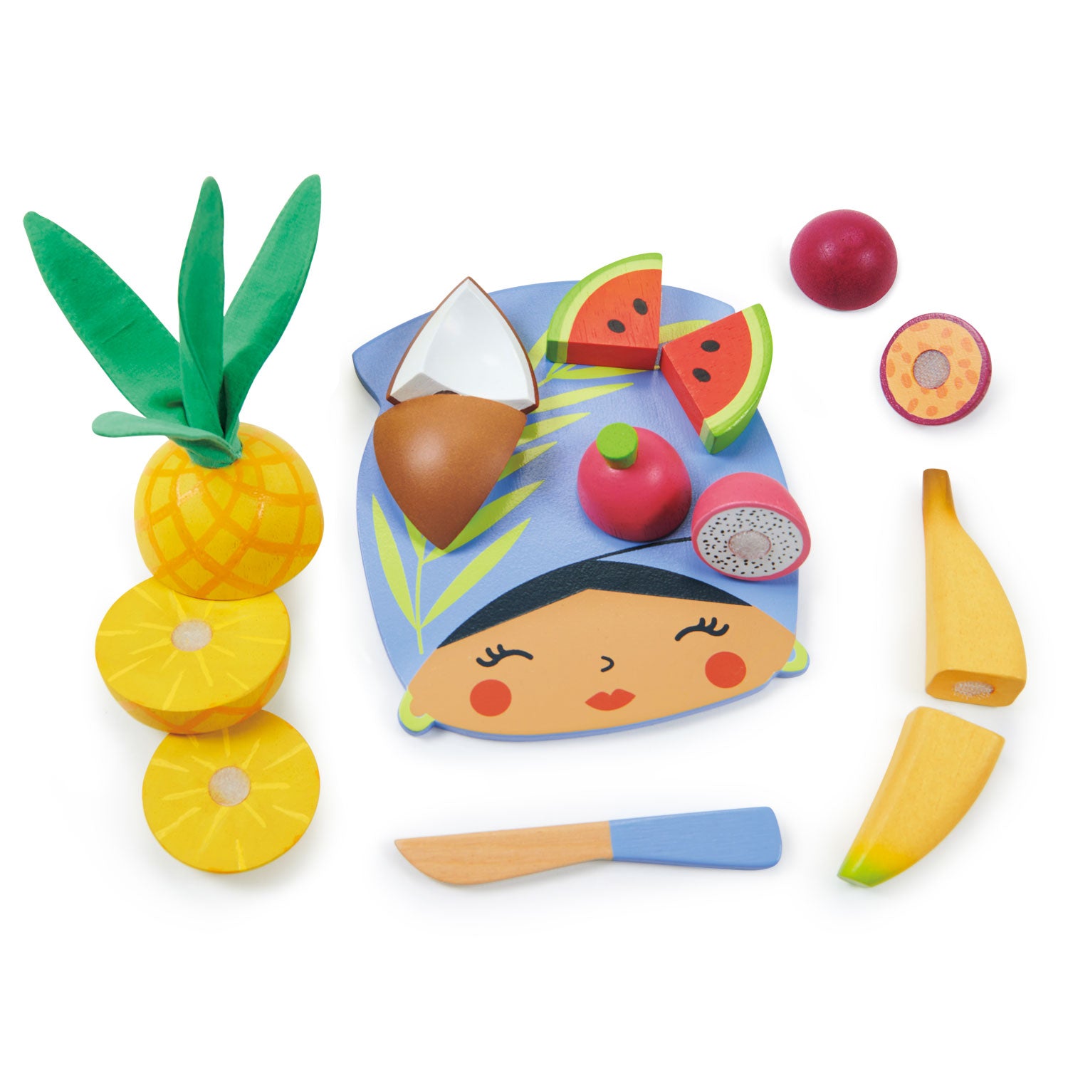 <p>An exotic wooden cutting board and little blue knife. A pineapple in 3 parts, a watermelon, a coconut, a banana, a passionfruit and a dragon fruit in 2 parts. Attached with velcro for easy cutting. Netting bag for tidying away included.</p>
<p>Age range: 2 years +  </p>
<p>Product size: 5.91 x 6.69 x 2.76”  </p>
<p>Weight: 0.64 Ibs</p>
<p><strong>Related Products</strong><a href="https://kids.allwomenstalk.com/products/mini-chef-chopping-board">Mini Chef Chopping Board</a><a href="https://kids.allwomenstalk.com/products/cheese-chopping-board">Cheese Chopping Board</a></p>
<p><a href="https://www.dropbox.com/s/oaxo2f0b34jnrn1/TL8281%20Tropical%20Fruit%20Chopping%20Board%20Printable.pdf?dl=0"><strong>Download Tropical Fruit Chopping Board Printable</strong></a></p>
