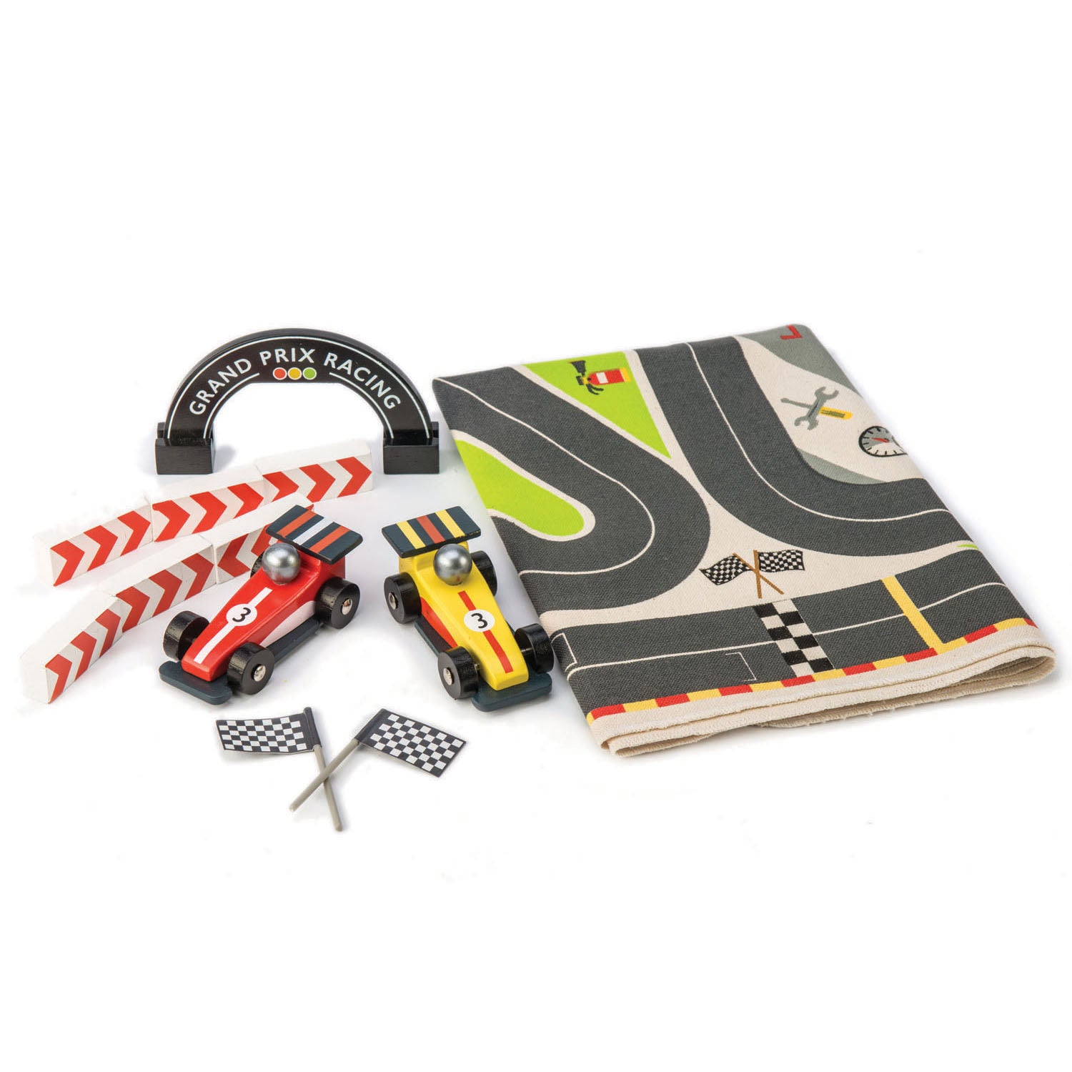 <p>Vroom vroom! Have fun playing with our Formula One Racing mat. Place the barricades, set the racing flags, and start a race! This set includes 2 colored wooden formula one cars, a finishing line, 2 racing flags and 6 barricades and a beautifully printed canvas playmat. </p>
<p>Age range: 3 Years And Older  </p>
<p>Product size: 28.35&quot; x 20.08&quot; x 2.72&quot;  </p>
<p>Weight: 0.66 lbs</p>
