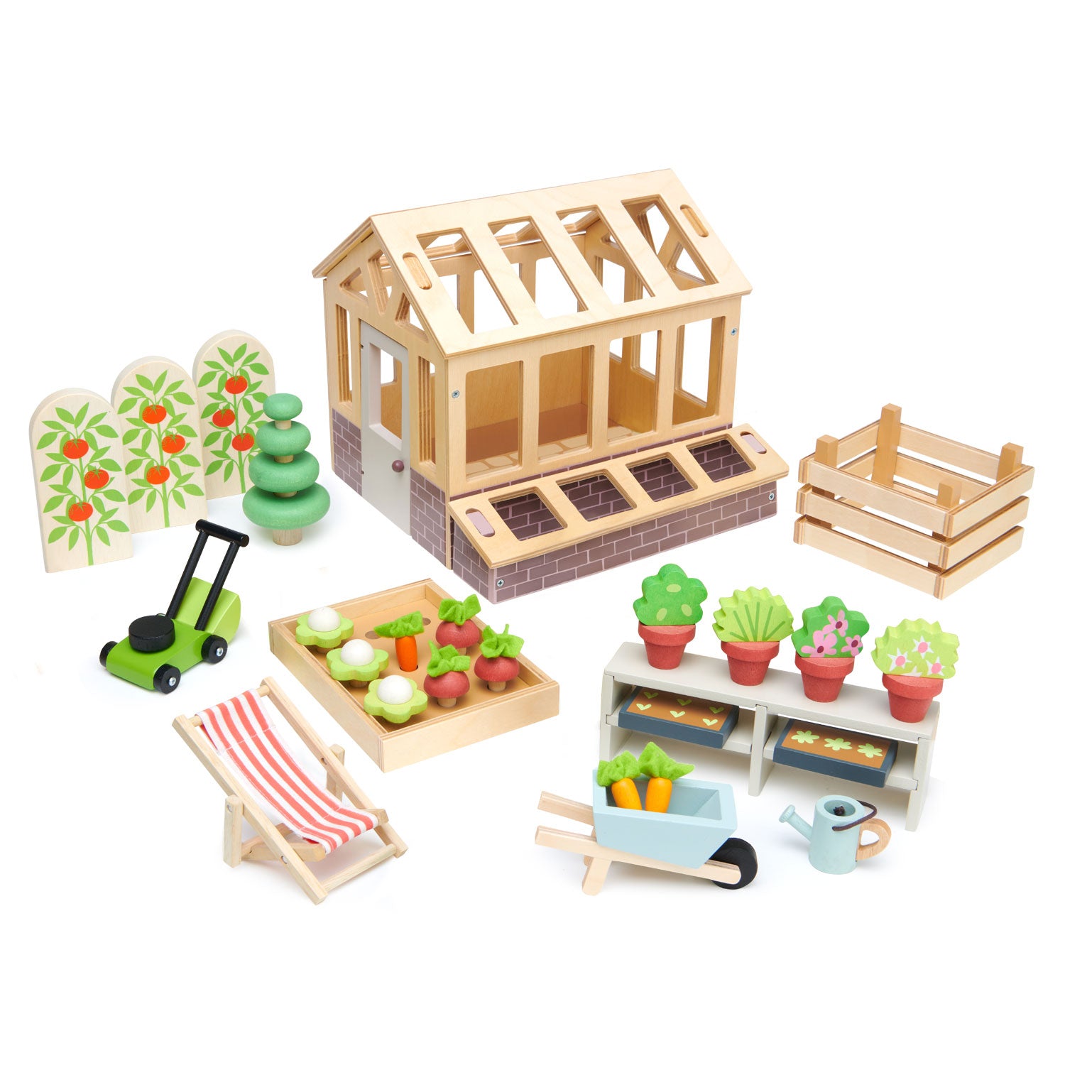 <p>Wanting an extension for your dolls house? For children who love nature and playing in the garden, this set is ideal for encouraging green fingers. A traditional plywood greenhouse with base has an opening door, and 2 removable roof panels. It can be filled with 2 seed trays, a planting bench, 4 pot plants, and 3 tomato shrubs. We have included a cold frame for nurturing seeds, a raised bed with 9 vegetables, a compost bin, a lawnmower, a watering can, a topiary tree, a wheelbarrow, and last but not least, a deck chair for your dolls to enjoy the fruits of their labor.</p>
<p>Age range: 3 Years And Older  </p>
<p>Product size: 18.9 x 11.81 x 8.27&quot;  </p>
<p> Weight: 3.67 lbs</p>
<p><strong>Dolls sold separately.</strong></p>
<p><a href="https://www.dropbox.com/s/k9kr0m79m8c0sm1/TL8371%20Greenhouse%20Printable.pdf?dl=0"><strong>Download Miniature Garden Printable</strong></a></p>
<p><a href="https://www.dropbox.com/s/k9kr0m79m8c0sm1/TL8371%20Greenhouse%20Printable.pdf?dl=0"><strong>Download free printable</strong></a></p>
