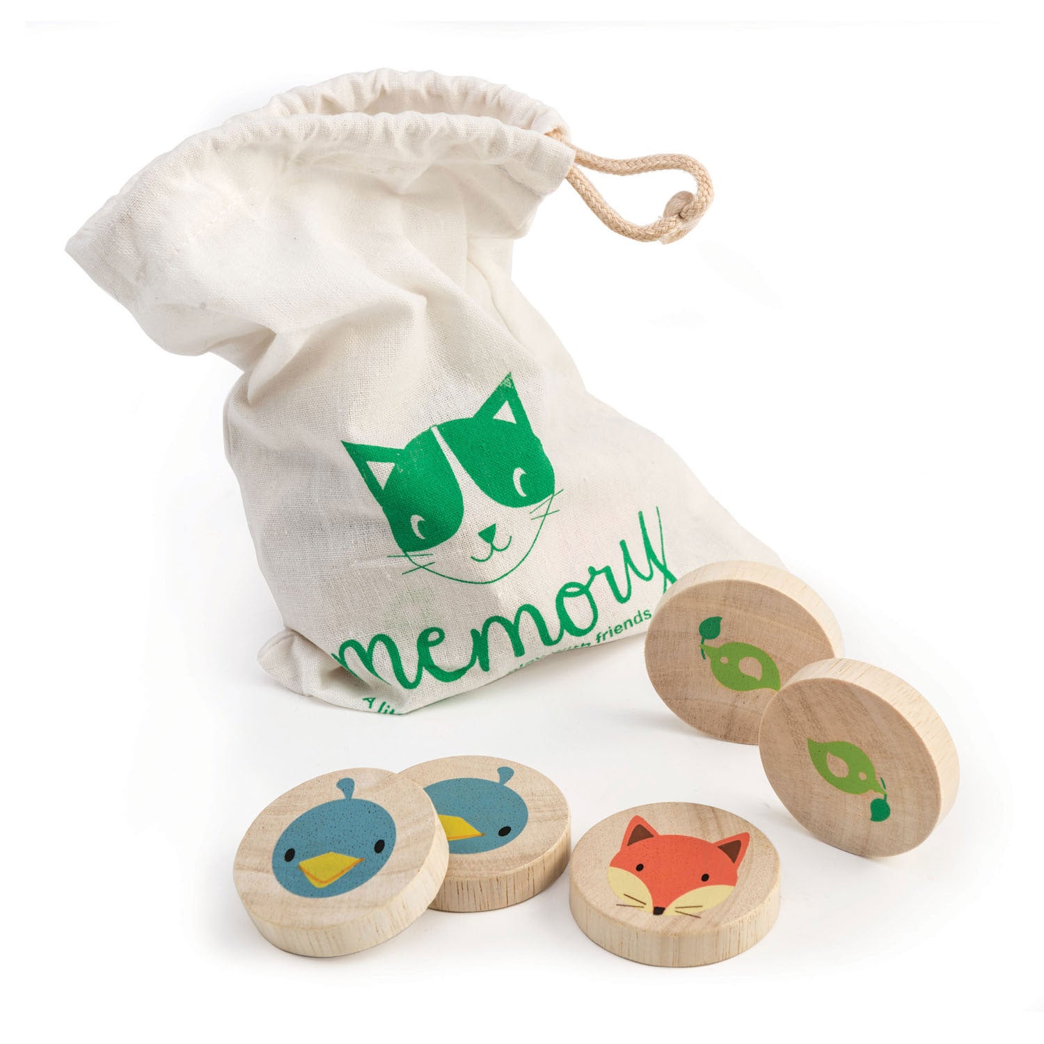 <p>A little memory game to play with friends! The Clever Cat Memory Game has 16 printed solid wood discs with 8 different animal faces for matching. A canvas drawstring bag is included for easy storage and transport. </p>
<p>Age range: 18 months +  </p>
<p>Product size: 6.50&quot; x 7.76&quot; x 0.39&quot;  </p>
<p>Weight: 0.48 lbs</p>
<p><strong><a href="https://kids.allwomenstalk.com/blogs/tender-leaf-blog/design-a-cat-collar">Design a Cat Collar Printable</a></strong></p>
