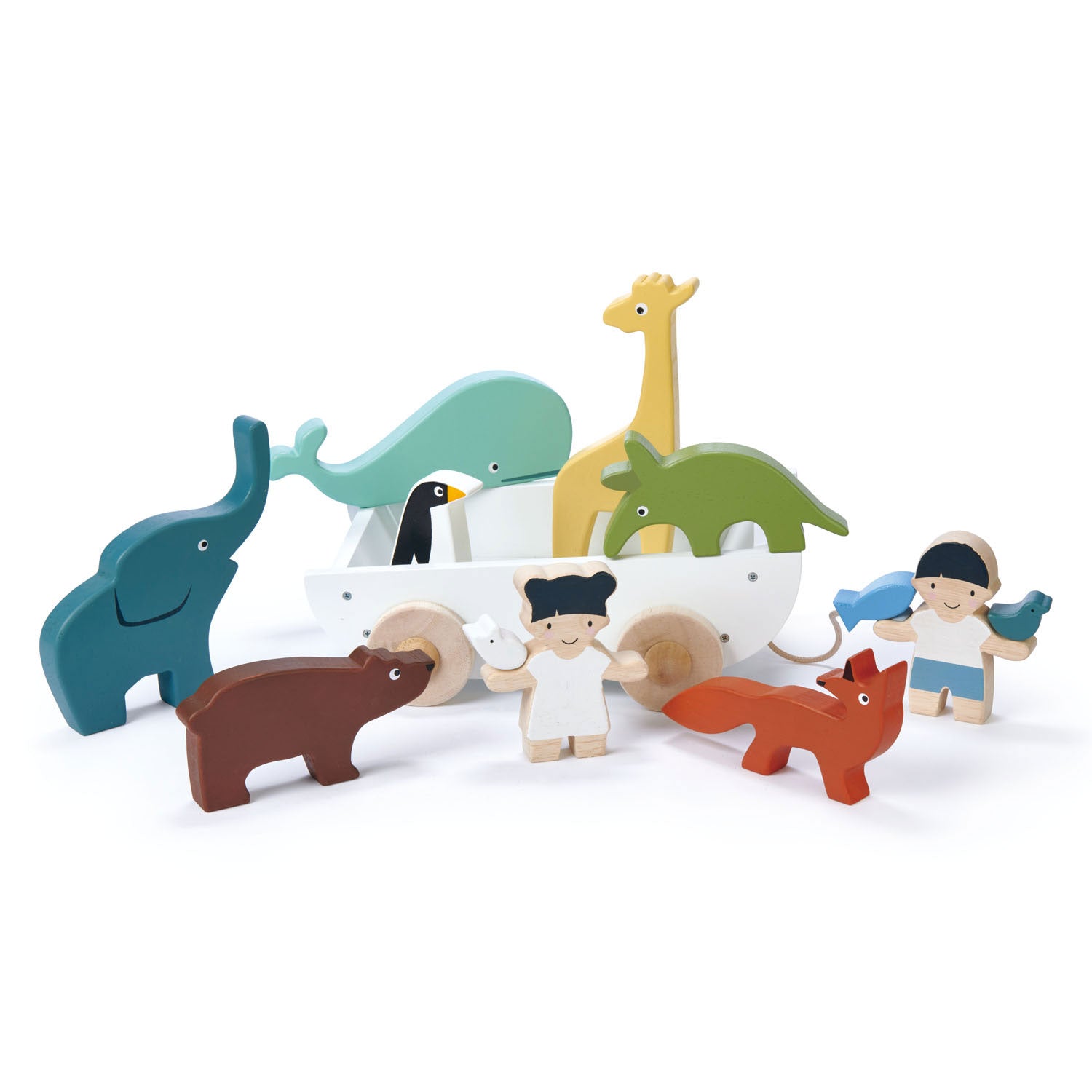 <p>All aboard the Friend Ship! A perfect gift for any toddler, this set is made from sustainable rubber wood and is painted in soft contemporary colors. The set of animals feature, and elephant, Giraffe, Anteater, Whale, Fox, penguin, Bear and a little boy and girl each carrying a small mouse and bird. Pull them along in their cute white boat with natural wood wheels.</p>
<p>Age range: 3 Years And Older  </p>
<p>Product size: 10.83 x 7.56 x 3.7”  </p>
<p>Weight: 3.18 lbs</p>
