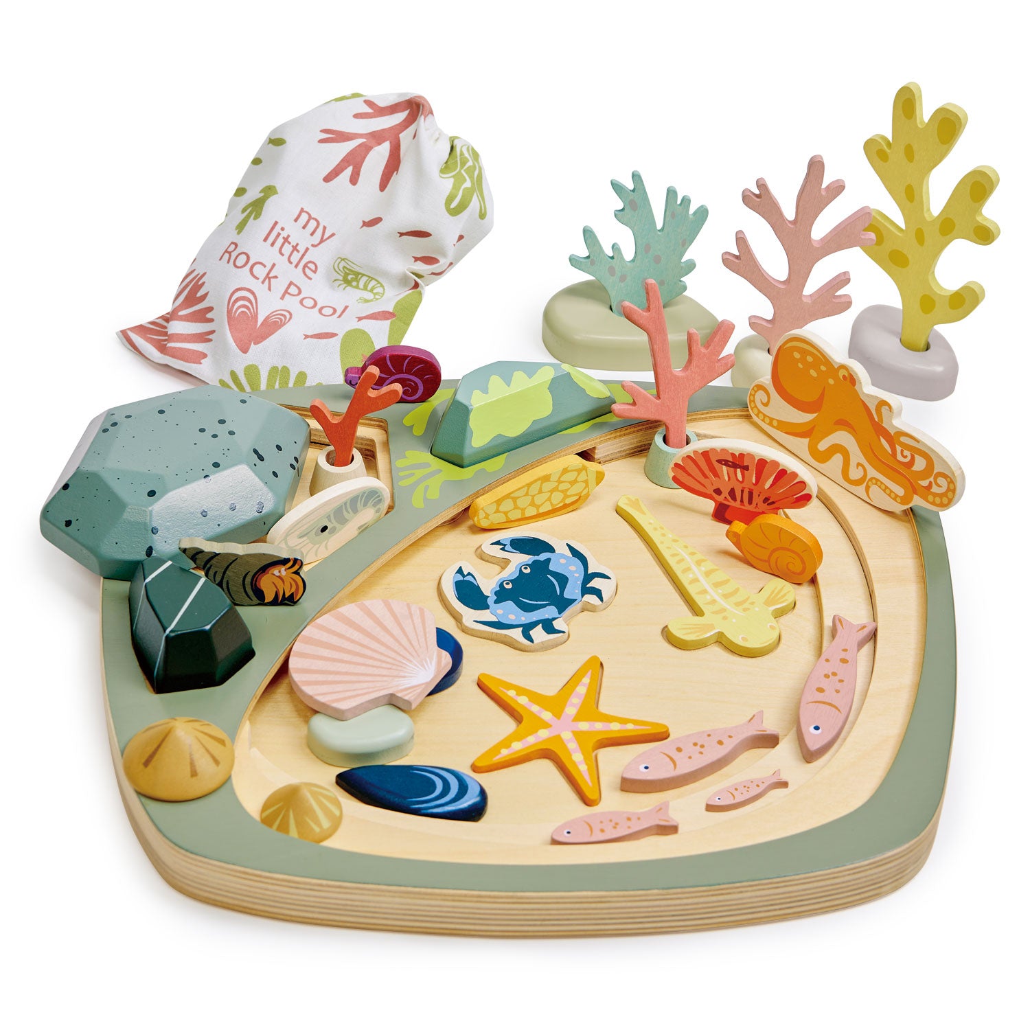 <p>Discover the many delights hidden inside our rock pool. 3 large rocks cover cavities where small fish and shrimp can hide. 3 shapes in the base layer allow shape-sorting activity. Rocks with holes can create a 3D seaweed forest. Set includes;</p>
<p>8 rocks, an octopus, starfish, crab, mud hopper, family of 4 fish, 2 snails, a sea shell, a hermit crab, 2 barnacles, a shrimp, a mussel, a scollop, a sea anemone, 2 limpets, 5 seaweed fronds, all contained in a pretty printed bag.</p>
<p>Age range: 3 years +  </p>
<p>Product size: 13.78 x 11.81 x 1.97”  </p>
<p>Weight: 2.99 Ibs</p>
<p><a href="https://www.dropbox.com/s/xfdfr17igs0r9ef/TL8486%20My%20Little%20Rock%20Pool%20Printable.pdf?dl=0"><strong>Download My Little Rock Pool Printable</strong></a></p>
