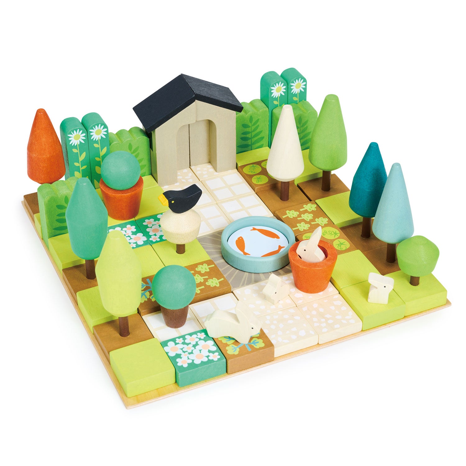 <p>Part of our open-ended play set range is this fabulous garden design game, which has 67 solid wood pieces that can all be arranged in an infinite number of garden designs. Set includes 7 trees, 2 bushes, 2 terracotta flower pots with removable bushes, 3 flower beds, 6 vegetable patch tiles, 4 sunflowers, 14 grass tiles, 6 patio and 6 path tiles, 4 paving slabs, 4 rabbits, a two-part shed, 4 hedge slabs and a pond. All contained in a beautiful plywood box with a sliding lid.</p>
<p>Age range: 3 years +  </p>
<p>Product size: 11.81 x 11.81 x 4.72”  </p>
<p>Weight: 4.66 Ibs</p>
