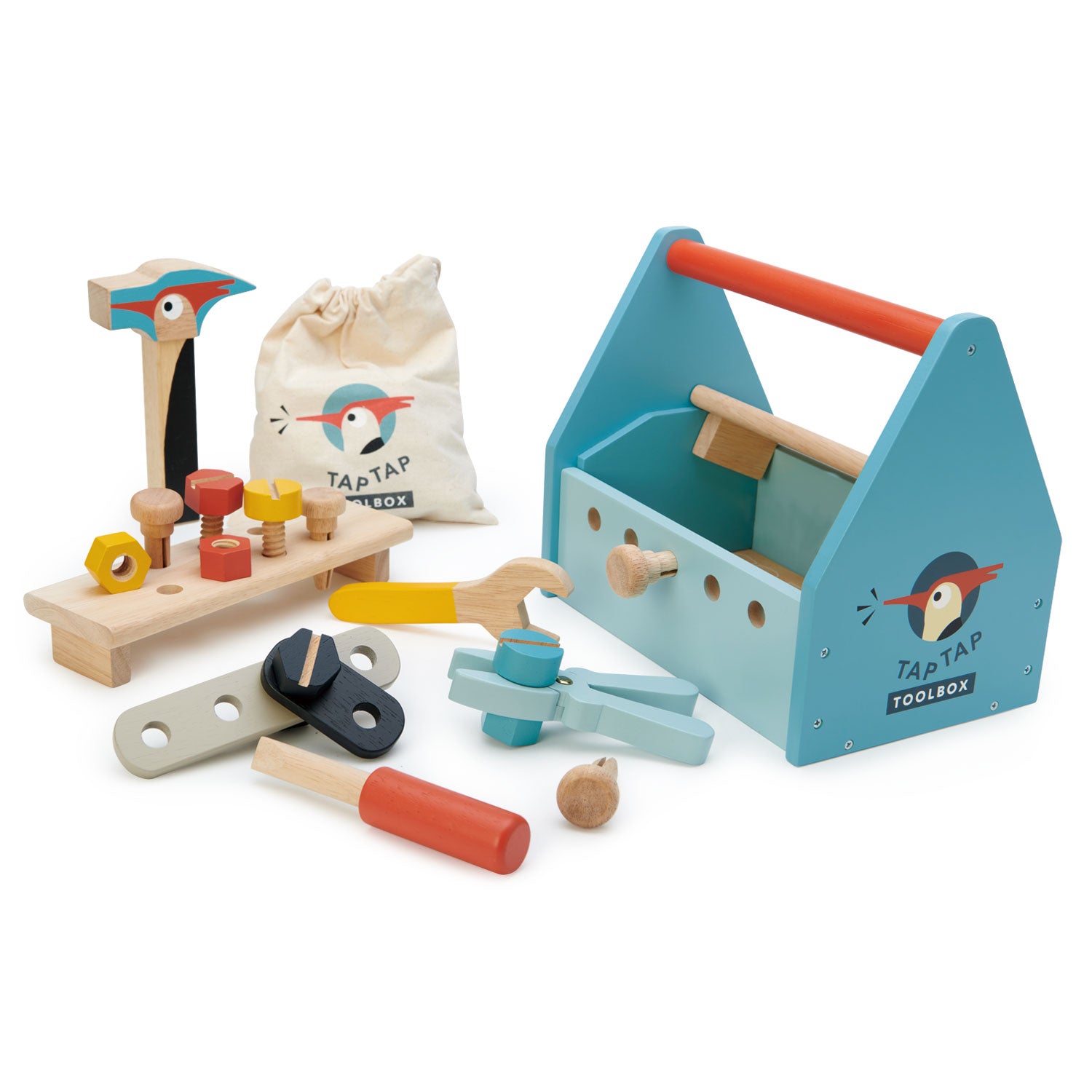 <p>A Tender Leaf Toys branded woodpecker themed tool box filled with everything you need to build something on your own. With two removable lid pieces that turn into screwable plates, and a cloth printed bag to pack away after play, this set includes a woodpecker hammer, a pair of pliers, a screwdriver, a spanner, 2 screws, 2 bolts, 2 planks, 4 nuts, and 4 pegs. We have even included a chalkboard on one end of the box to record your inventions.</p>
<p>Age range: 3 Years And Older  </p>
<p>Product size: 9.06 x 5.91 x 7.87&quot;  </p>
<p> Weight: 3.04 lbs</p>
