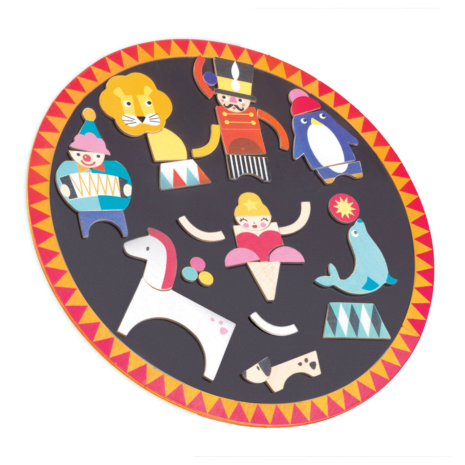 <p>Welcome to the circus night! Create your own wacky circus troupe using 37 wooden magnetized pieces on a circular board to make as many circus characters as you can. The board can be hung up on a wall using an small bracket on the reverse. </p>
<p>Age range: 3 Years And Older  </p>
<p>Product size: 15.75&quot; x 15.75&quot; x 0.59&quot;  </p>
<p>Weight: 2.16 lbs</p>
<ul>
<li><ul>
<li>*</li>
</ul>
</li>
</ul>
