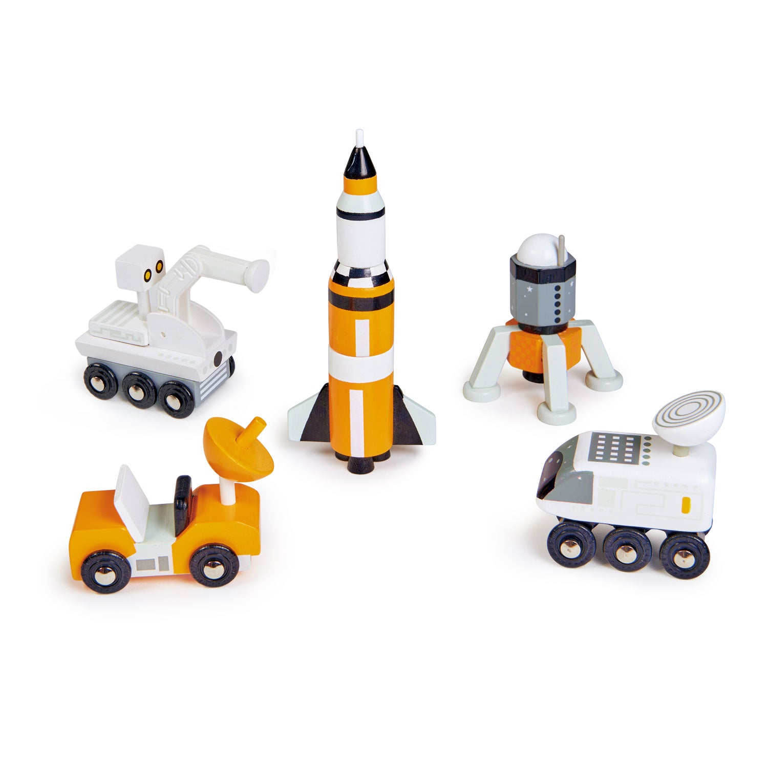 <p>Solid wood space vehicles for inter-galactic adventures, set includes: a 3-part rocket, a moon landing capsule, a lunar roving vehicle, a launch crew rover, and a lunar probe.</p>
<p>Age range: 3 years +  </p>
<p>Product size: 7.87 x 3.94 x 6.3”  </p>
<p>Weight: 0.66 Ibs</p>
