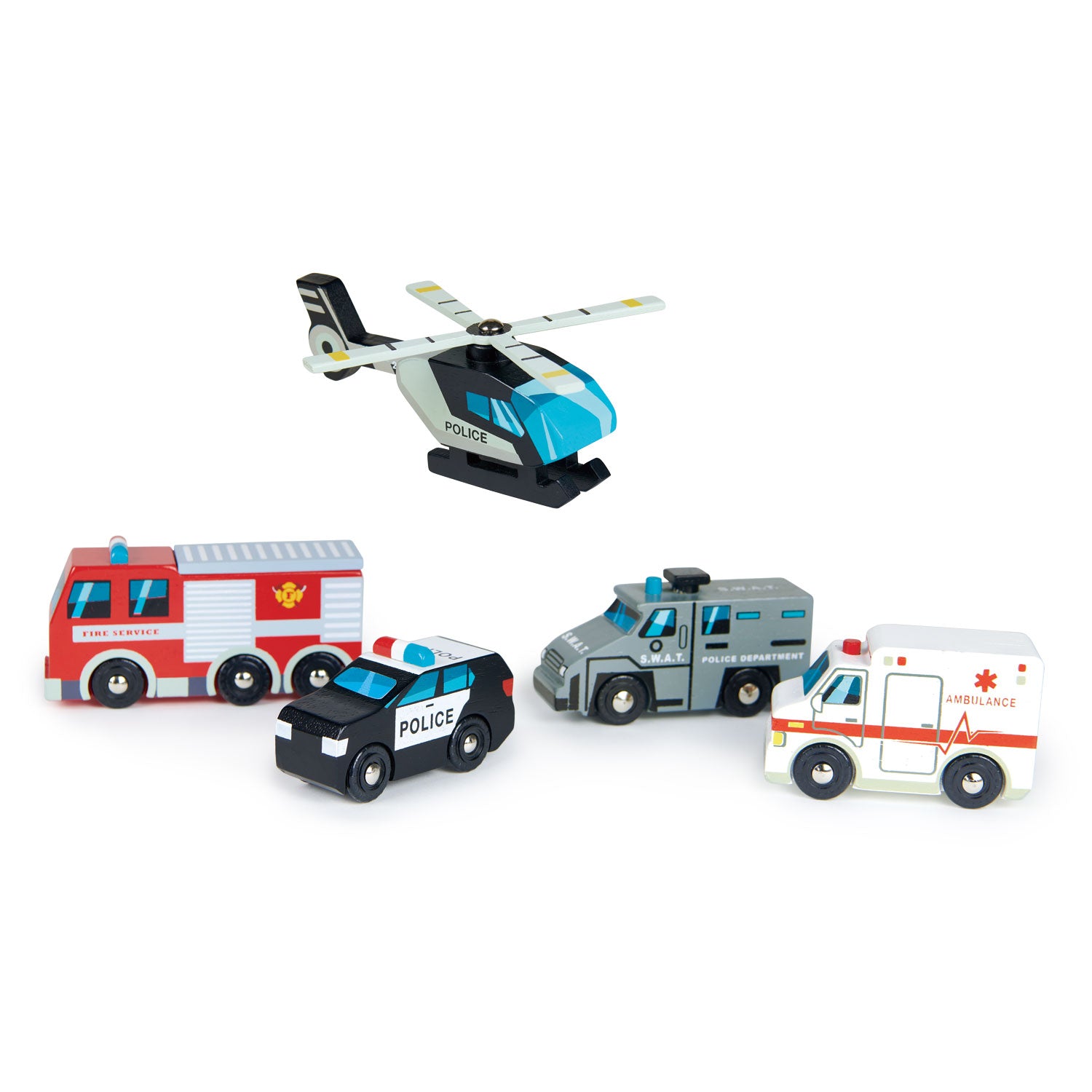 <p>Solid wood vehicles. Set includes: helicopter with rotating blades, ambulance, fire engine, police car and S.W.A.T car.</p>
<p>Age range: 3 years +  </p>
<p>Product size: 7.87 x 7.87 x 2.36”  </p>
<p>Weight: 0.77 Ibs</p>
<p><a href="https://www.dropbox.com/s/4jnbuvufl4wjdtu/TL8662%20Emergency%20Vehicles%20Printable.pdf?dl=0"><strong>Download Emergency Vehicles Printable</strong></a></p>
