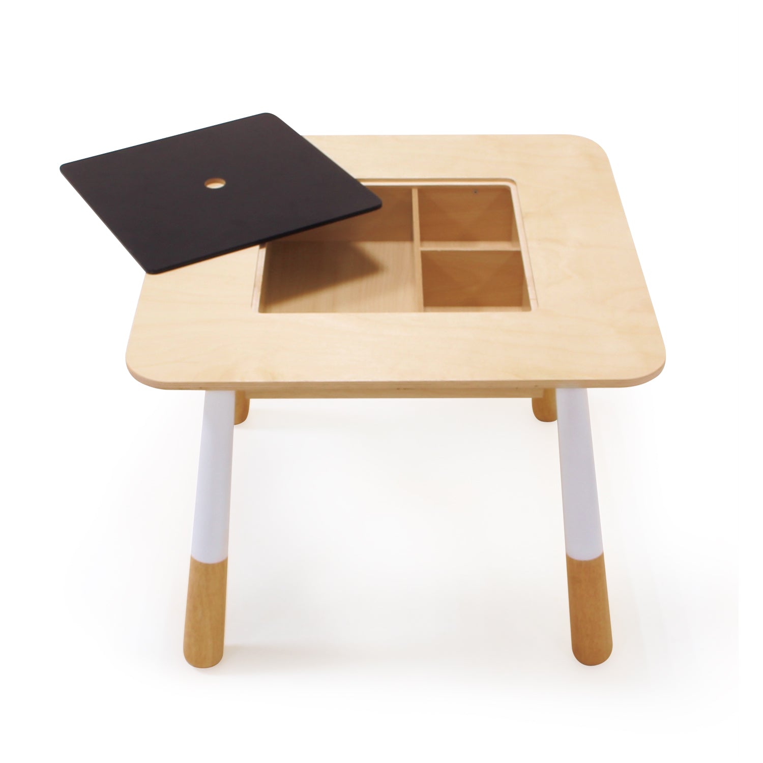 <p>A sturdy plywood and rubberwood childrens table with a removable chalkboard central panel. When the panel is removed, it reveals a hidden compartment to store pencils etc. Chalk not provided, recommended traditional non permanent chalk. </p>
<p><strong>Self assembly required.</strong> </p>
<p>Age range: 3 Years And Older  </p>
<p>Product 22.05 x 22.05 x 17.6”  </p>
<p>Weight: 14.52 lbs</p>
