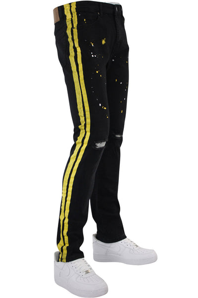 black jeans with yellow stripe