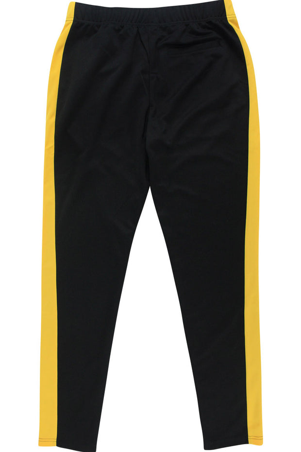 black track pants with yellow stripe