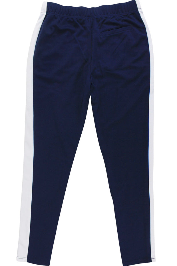 navy blue joggers with white stripe