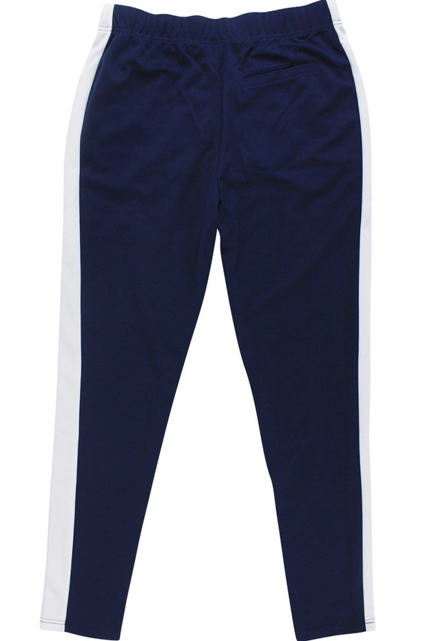 blue joggers with white stripe