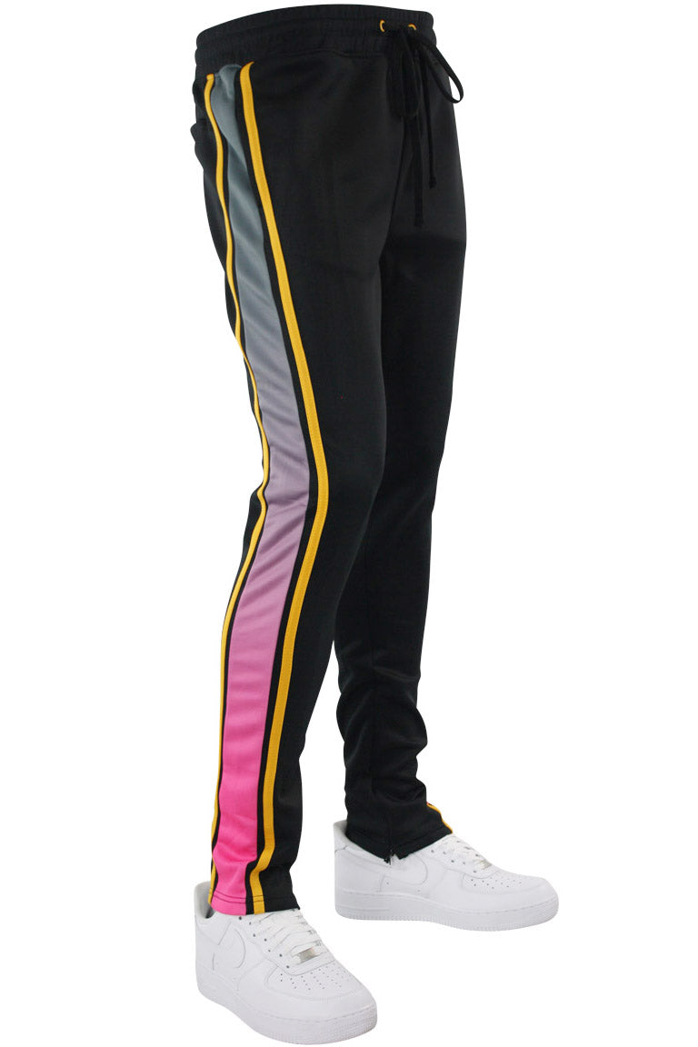 black pants with yellow side stripe