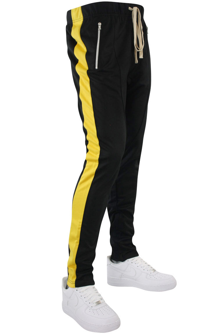 black joggers yellow stripe