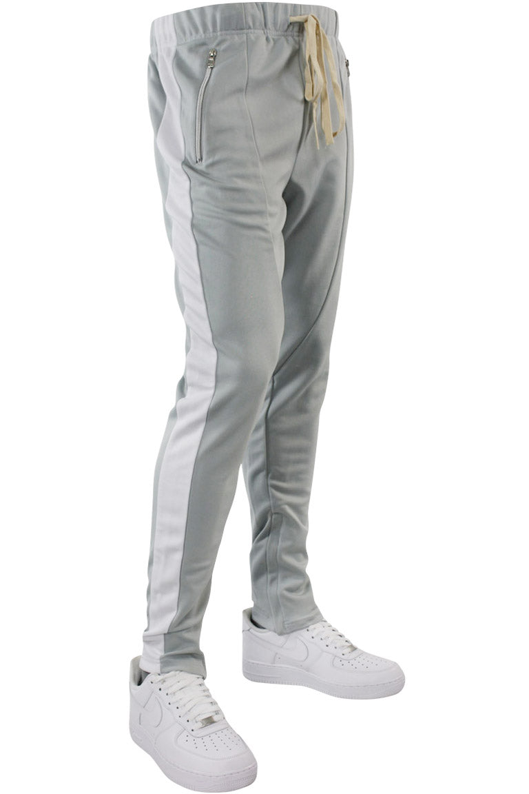 grey and white striped pants