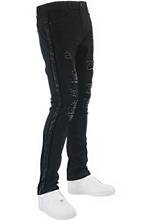 Ripped Rhinestone Stripe Denim (Black-Black) | Zamage