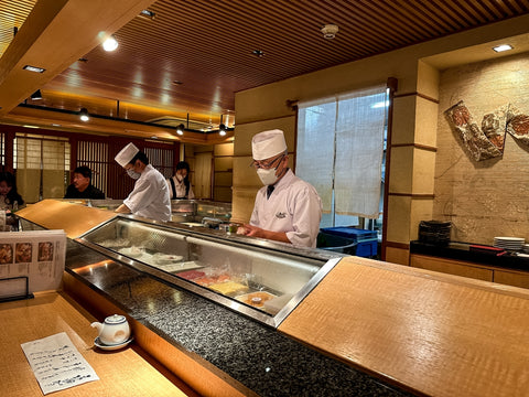 Sushi Chef (Itamae) at Sushi restaurant in Pontocho, Kyoto, Japan.