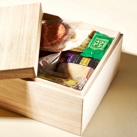 Bokksu snacks inside a Kiribako wooden box