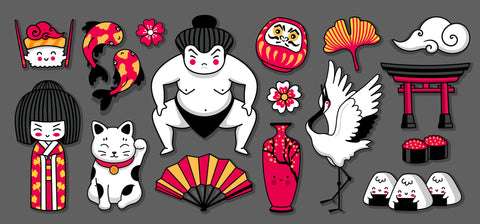 Set of cartoon stickers, patches, badges, pins. Daruma included
