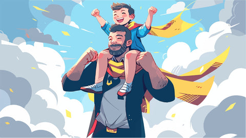 Dad in superhero costume holds son on his shoulders. honor fathers, Happy Father's day greeting card. Cartoon character