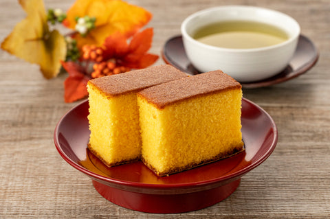 Sweet and delicious castella on a plate, traditionally served as dessert
