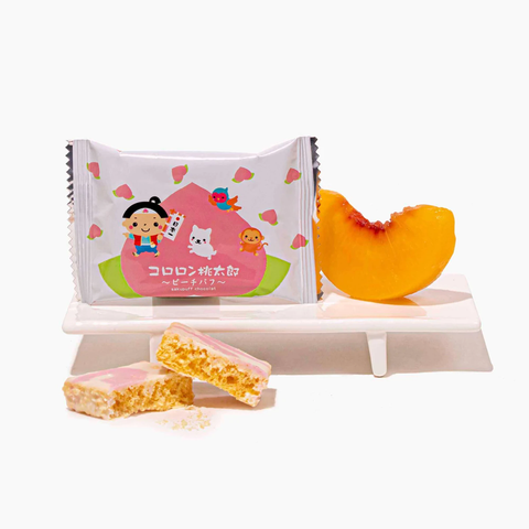 An image of Bokksu's product and a slice of peach