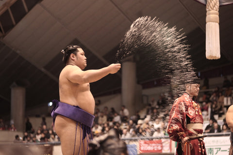 sumo wrestlers throw handfuls of salt around the ring