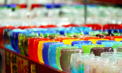 Many little colorful Okinawan glasses that sale on a souvenir shop in the Kokusai Dori street in Naha, Okinawa.