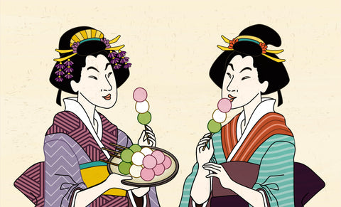 Two geisha eating mitarashi dango in kimono, ukiyo-e style