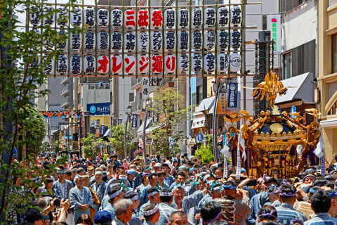 Sanja Matsuri is one of the great Shinto festivals of Tokyo in which people carry many mikoshi portable shrines