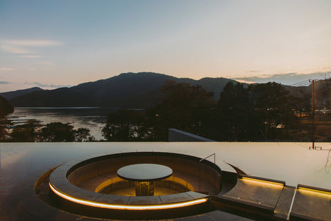 Modern design hot springs in Hakone, next to the Ashinoko lake.
