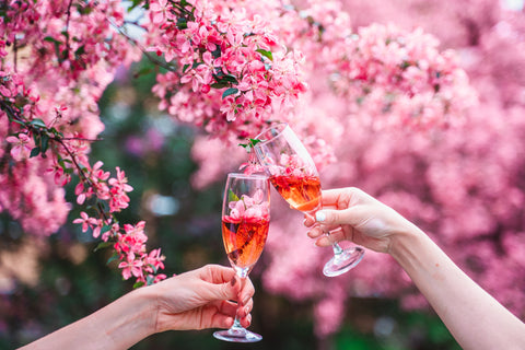 Clinking wine glasses under the cherry blossom trees