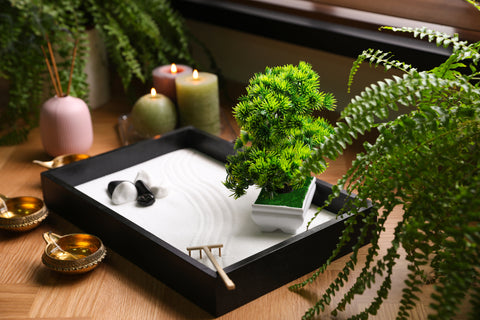Beautiful miniature zen garden, candles and oil lamps near window indoors