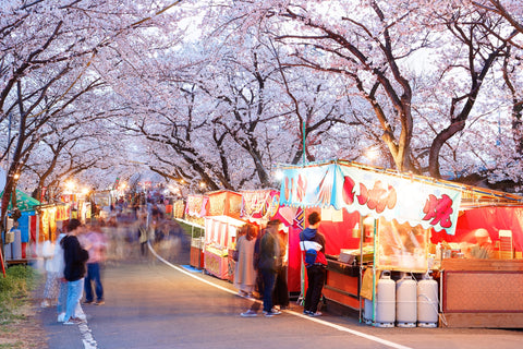 Tourists stroll in a temporary street market and stop by traditional snack stalls (Yatai) under cherry blossom trees that are lighted up at dusk in the Sakura Matsuri Festival, in Ogaki, Gifu, Japan