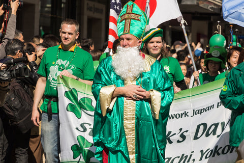 A man in St. Patrik costume in the parade for St. Patrick's Day at Motomachi street in Yokohama, Japan.