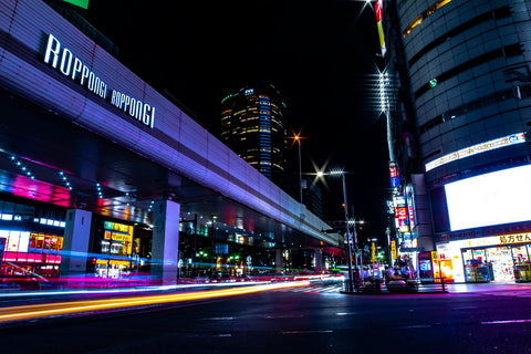 A night neon street in Roppongi Crossing wide shot