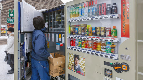 Young Japanese man refill the variety of cold and warm soft drink in vending machine