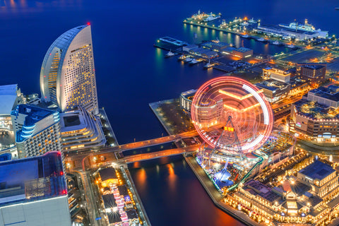 Bird's eye view from Yokohama landmark showing the Yokohama Bay and Cosmo world, at the near end, the famous amusement park in Yokohama city. Close to Yokohama Station